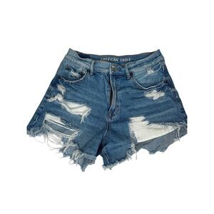 American Eagle Womens Distressed Denim Shorts Medium Wash High Rise Size 4